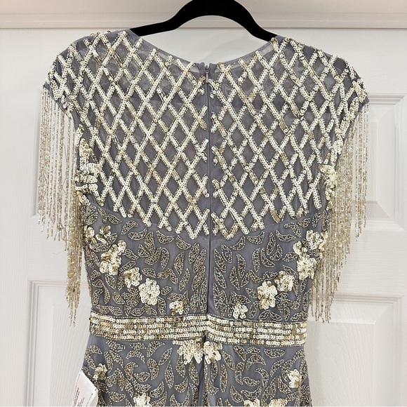 Mac Duggal 4908 HIGH NECK SLEEVELESS BEADED FRINGE FITTED GOWN Platinum Gold - Picture 9 of 10